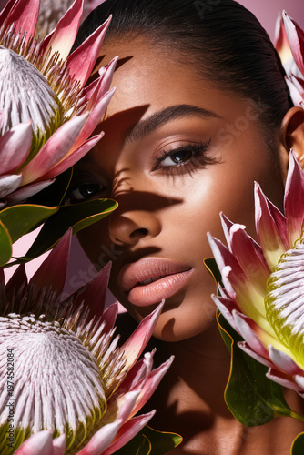 Exotic beauty portrait with protea flowers. Glowing skin and bold makeup. Tropical floral luxury aesthetic. Cosmetic branding and editorial campaign. High contrast studio light