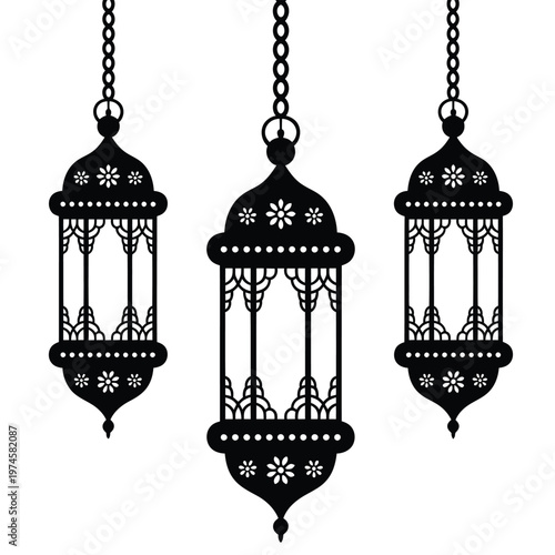 Hanging ramadan lanterns silhouette vector illustration with intricate patterns and flower details on transparent dark background.