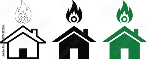  House hydration icon. Green house with fair drop vector illustration. Indicates plumbing issues or water leakage symbol. Suitable for home repair and maintenance sign. Water damage pictogram.