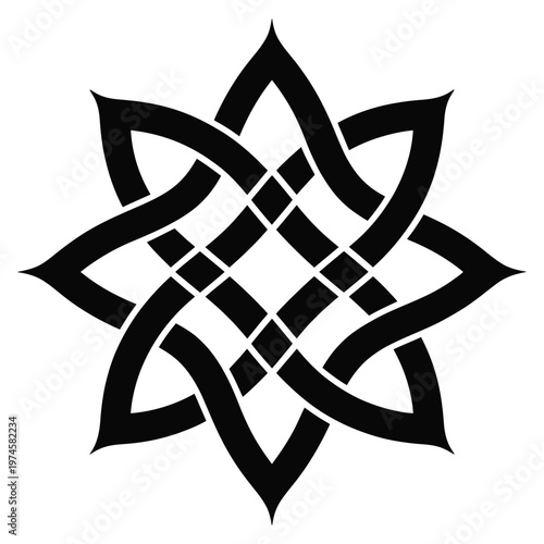 Black eight-pointed geometric star shape, eight-loop knot, masonic symbol, vector illustration isolated on transparent background.