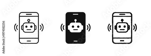 Mobile AI chatbot icon set showing a robot head on a smartphone screen with wireless signals, representing smart device communication.