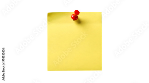 A clean empty yellow sticky note paper attached with a bright red pushpin ready for important messages or quick reminders isolated on transparent back