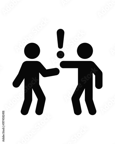Two person icons with exclamation mark between them black silhouette showing argument or strong emotion isolated on transparent background.