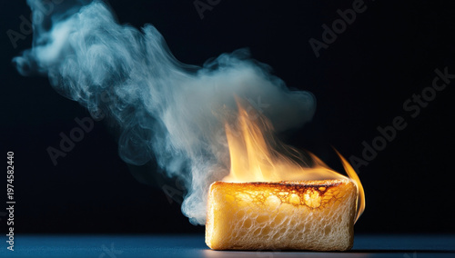 A slice of bread engulfed in flames, emitting smoke, against a dark background