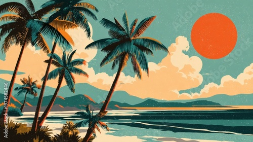 Sunset over ocean with palm trees