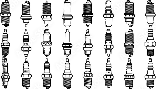 Automotive Spark Plug Line Art Icons Collection. Black and white outline set of car engine ignition parts for mechanic, vehicle maintenance, and repair.