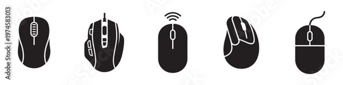 Computer mouse and gaming controllers solid icon set. PC hardware and peripheral accessories. Vector Illustration.	
