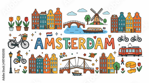 Amsterdam Illustration: Canal Houses, Windmill, Bicycle, Tram