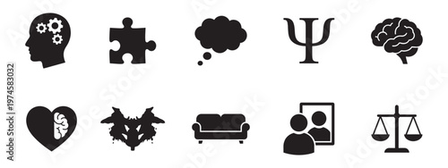 Psychology and mental health solid icon set. Brain therapy and counseling symbols. Vector Illustration.	
