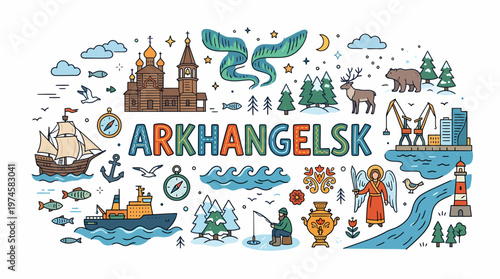 Arkhangelsk Cityscape with Landmarks and Nature Elements