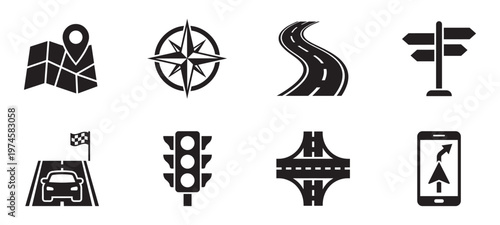 Navigation and transportation solid icon set. GPS map and road traffic symbols. Vector Illustration.	
