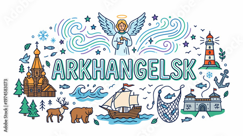Arkhangelsk illustration with landmarks and nature