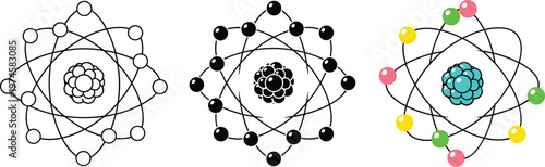 Scientific Atom Model Vector Set Featuring Outline Black Silhouette and Colorful Nucleus with Electrons for Physics Chemistry Education and Research Projects