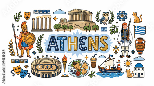 Athens Greece Travel Doodle Art Illustration