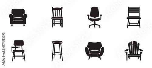 Chairs and furniture solid icon set. Interior seating and home decor symbols.Vector Illustration.	
