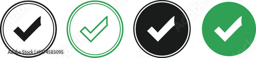 Checkmark icon set. Green ok, accept or yes buttons. Checked icon or correct choice sign. Check mark or checkbox pictogram. Tick illustration isolated.