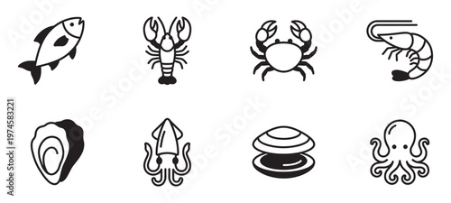 Seafood icons set with fish shellfish and crustaceans silhouettes. Vector Illustration.	
