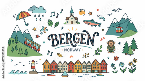 Bergen Norway Travel Doodles - City Icons, Mountains, Nature