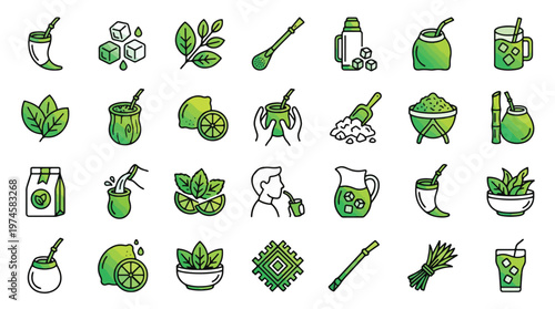 Yerba Mate and Terere Icon Set in Linear Style. A collection of Yerba Mate Linear Icons, including gourd, bombilla, leaves, ice cubes, lemon, lime, thermos, pitcher, tea, beverage