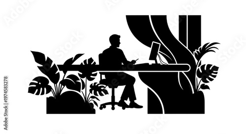 Achieving focus and productivity in a tranquil green office setting with abundant indoor plants