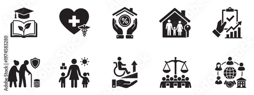 Social security and community support icons set for insurance and charity. Vector Illustration.