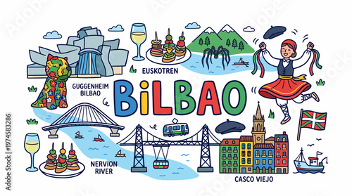 Bilbao Cityscape: Landmarks, Culture, and Food Illustration