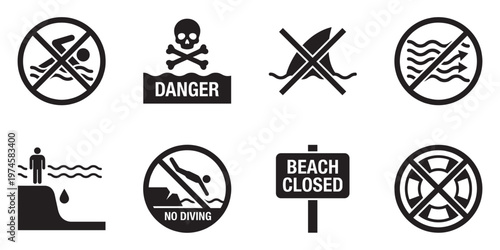 Water Safety, Beach Warning and Danger Signs Vector Icons Set. Vector Illustration.