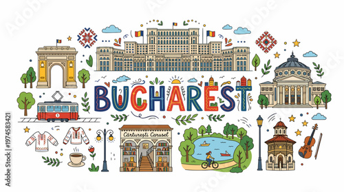Bucharest Cityscape with Landmarks and Romanian Motifs