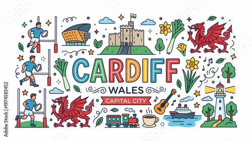 Cardiff Wales Capital City Vector Illustration - Rugby, Castle, Dragon