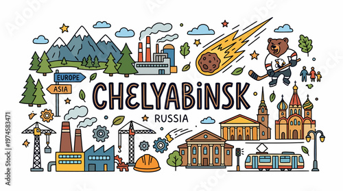 Chelyabinsk Russia Cityscape Cartoon Illustration