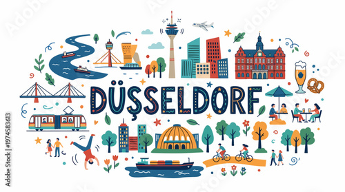 D?sseldorf Cityscape Illustration with Landmarks and Activities