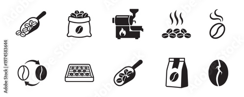 Coffee roasting and bean processing icons set for cafe and industry. Vector Illustration.	
