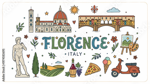 Florence Italy Travel Icons: Duomo, Ponte Vecchio, David, Vespa