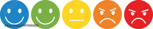 Expression rating icon. Colorful smile, neutral and sad face reactions for feedback and mood assessment vector. Clear expression options for surveys and UI evaluation sign. Simple emotion concept