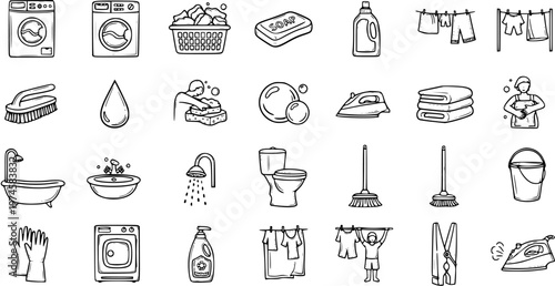 Hand-drawn Line Art Laundry and Cleaning Icons Set. Black and White Doodle Symbols for Household Chores, Home Care, and Hygiene Activities.