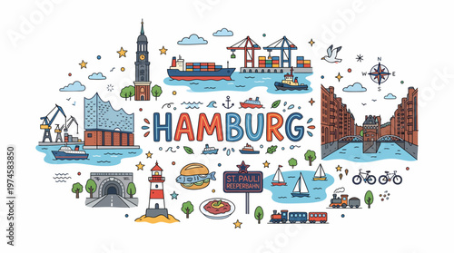 Hamburg city illustration with landmarks and symbols