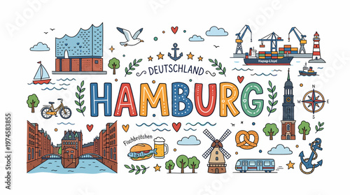 Hamburg Germany Travel Illustration - Landmarks, Cityscape, Icons