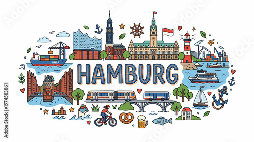 Hamburg skyline illustration with landmarks and city life