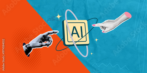 A creative halftone pop art collage featuring an intelligent assistant, a creative device, an internet icon, and a hand gesture simulating holding a contact.