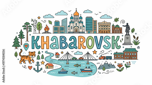 Khabarovsk city illustration with landmarks and nature elements