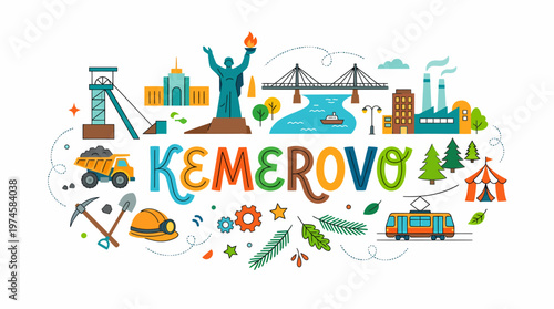 Kemerovo Cityscape Illustration: Industry, Transport, Culture