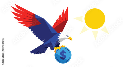 A stylized bald eagle with red, white, and blue plumage flies left, clutching a blue dollar coin, with a yellow sun in the upper right on a white background.