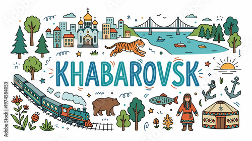 Khabarovsk Cityscape Doodle Art - Travel Illustration