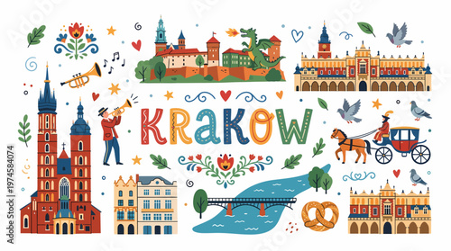 Krakow Cityscape: Landmarks, Culture, and Folklore Vector Illustration
