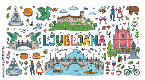 Ljubljana Cityscape Doodle Art - Slovenia Landmarks