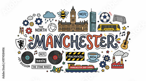 Manchester Cityscape Doodle Art - Icons of Northern England