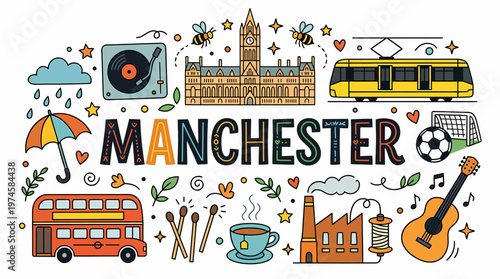 Manchester Cityscape Illustrated - Icons of Culture & Transport