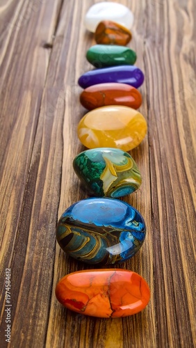 A row of colorful polished stones on a wooden surface