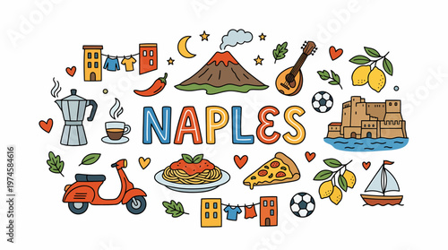 Naples Italy Cartoon Icons: Pizza, Pasta, Volcano, Vespa, Castle