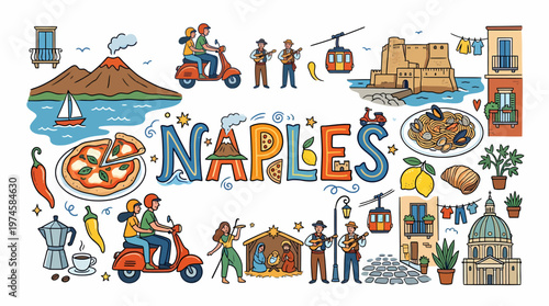 Naples Italy Travel Illustration: Pizza, Vespas, Volcano, Culture